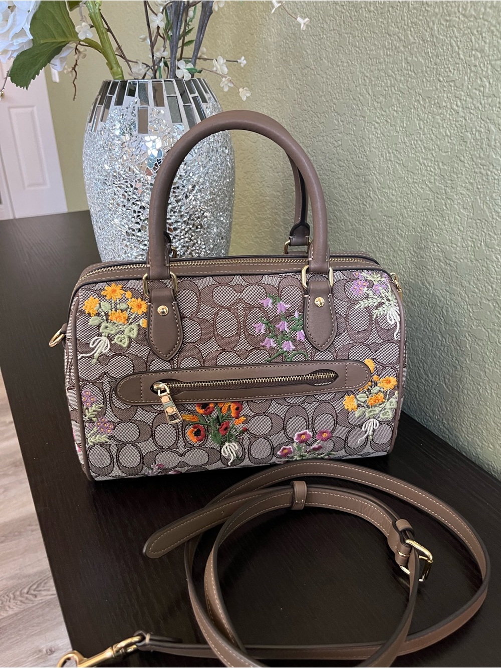 Coach Rowan Floral Embroidery Satchel Oak Color - Picture 2 of 10